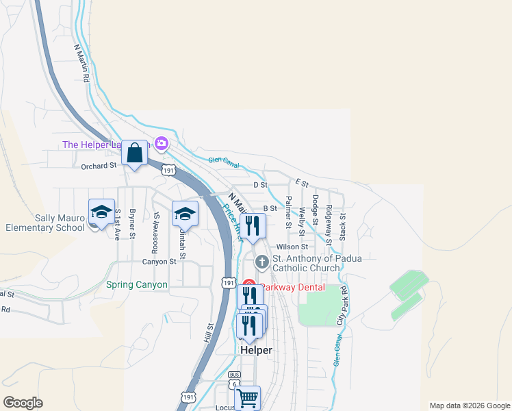 map of restaurants, bars, coffee shops, grocery stores, and more near 57 C Street in Helper