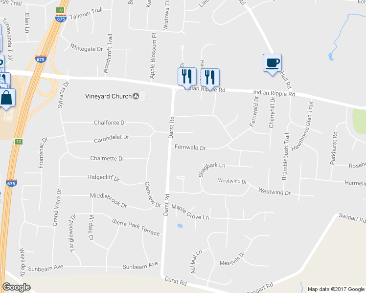 map of restaurants, bars, coffee shops, grocery stores, and more near 3968 Fernwald Drive in Beavercreek