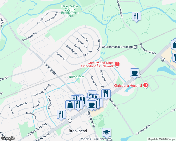 map of restaurants, bars, coffee shops, grocery stores, and more near 157 West Rutherford Drive in Newark