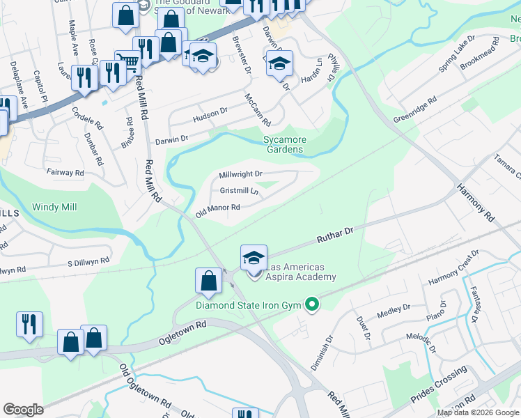 map of restaurants, bars, coffee shops, grocery stores, and more near 21 Gristmill Lane in Newark