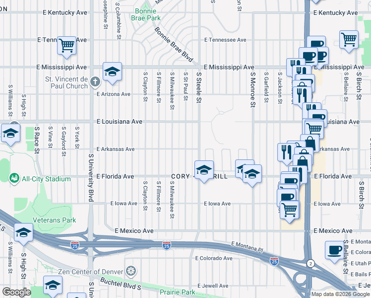map of restaurants, bars, coffee shops, grocery stores, and more near 3101 East Arkansas Avenue in Denver