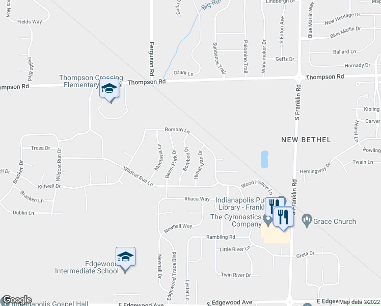 map of restaurants, bars, coffee shops, grocery stores, and more near 5311 Bombay Drive in Indianapolis