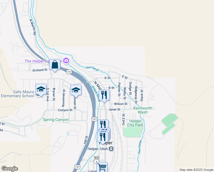 map of restaurants, bars, coffee shops, grocery stores, and more near 47 B Street in Helper