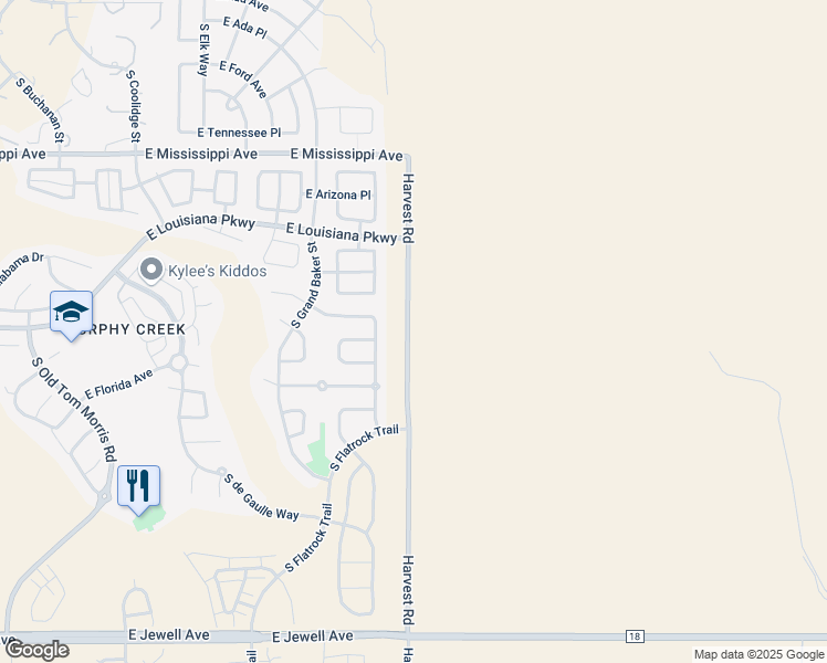 map of restaurants, bars, coffee shops, grocery stores, and more near Harvest Road in Aurora