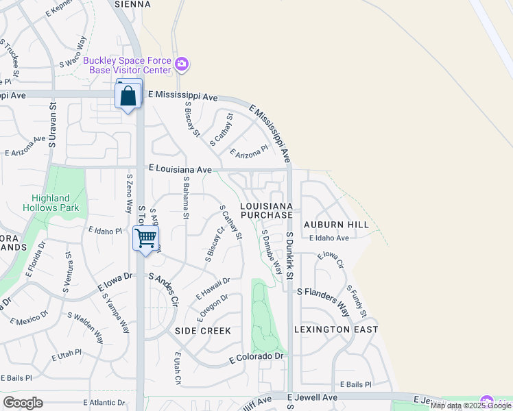 map of restaurants, bars, coffee shops, grocery stores, and more near 1385 South Danube Way in Aurora