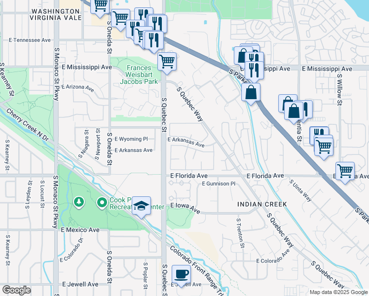map of restaurants, bars, coffee shops, grocery stores, and more near 7476 East Arkansas Avenue in Denver