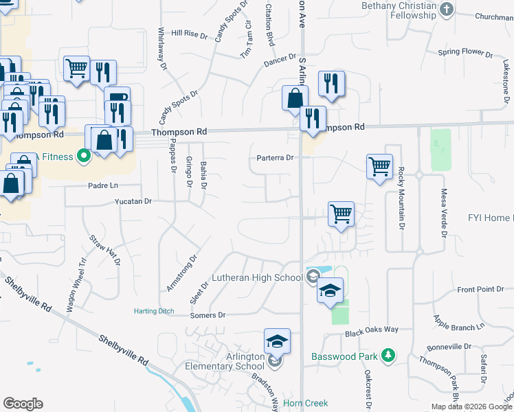 map of restaurants, bars, coffee shops, grocery stores, and more near 5863 Beau Jardin Drive in Indianapolis