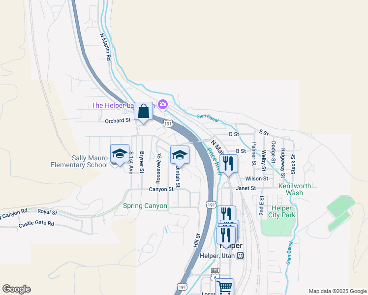 map of restaurants, bars, coffee shops, grocery stores, and more near 169 North Main Street in Helper