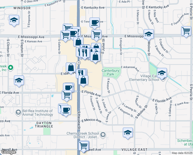 map of restaurants, bars, coffee shops, grocery stores, and more near 1400 South Havana Street in Aurora