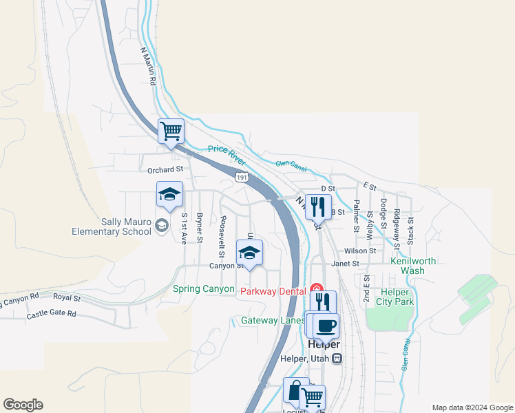 map of restaurants, bars, coffee shops, grocery stores, and more near 169 North Main Street in Helper