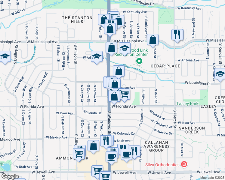 map of restaurants, bars, coffee shops, grocery stores, and more near in Lakewood