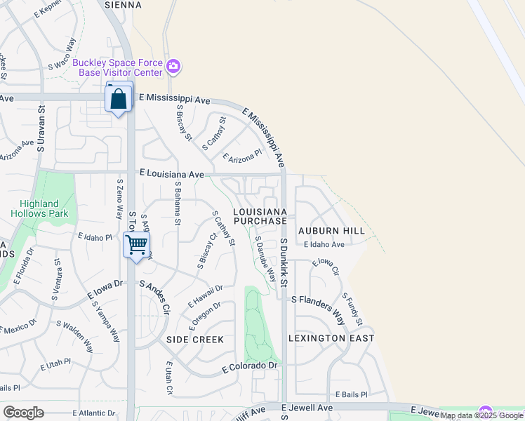map of restaurants, bars, coffee shops, grocery stores, and more near 1385 South Danube Way in Aurora