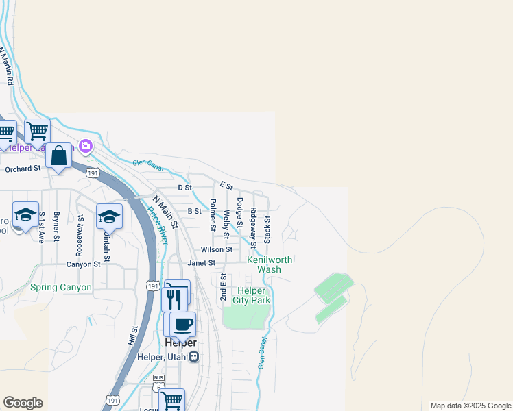map of restaurants, bars, coffee shops, grocery stores, and more near 210 Ridgeway Street in Helper