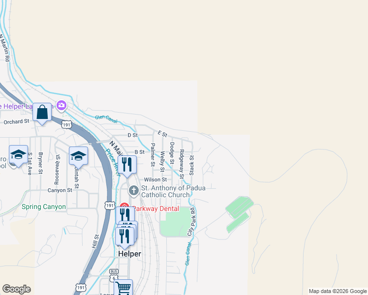 map of restaurants, bars, coffee shops, grocery stores, and more near 210 Ridgeway Street in Helper