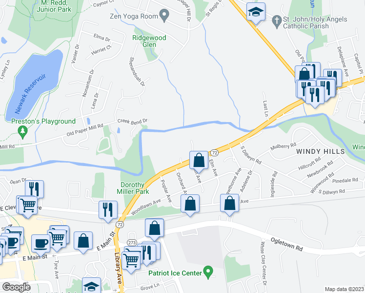map of restaurants, bars, coffee shops, grocery stores, and more near 305 Capitol Trail in Newark