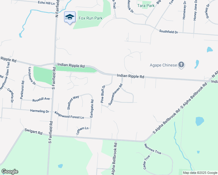 map of restaurants, bars, coffee shops, grocery stores, and more near 42 Pine Bluff Drive in Dayton