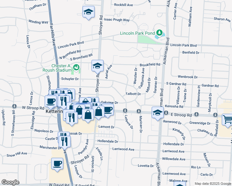 map of restaurants, bars, coffee shops, grocery stores, and more near 3813 Lefevre Drive in Dayton