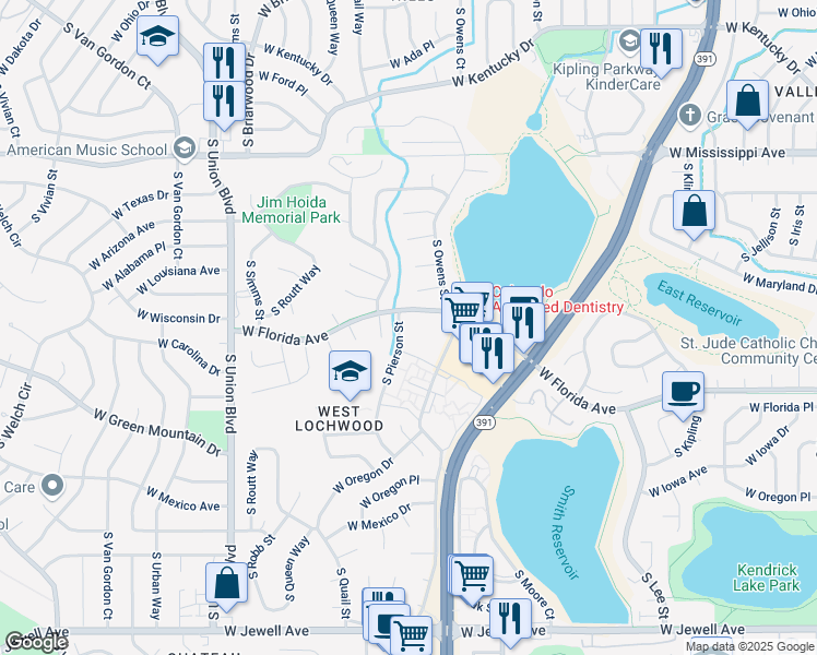 map of restaurants, bars, coffee shops, grocery stores, and more near 10970 West Florida Avenue in Lakewood