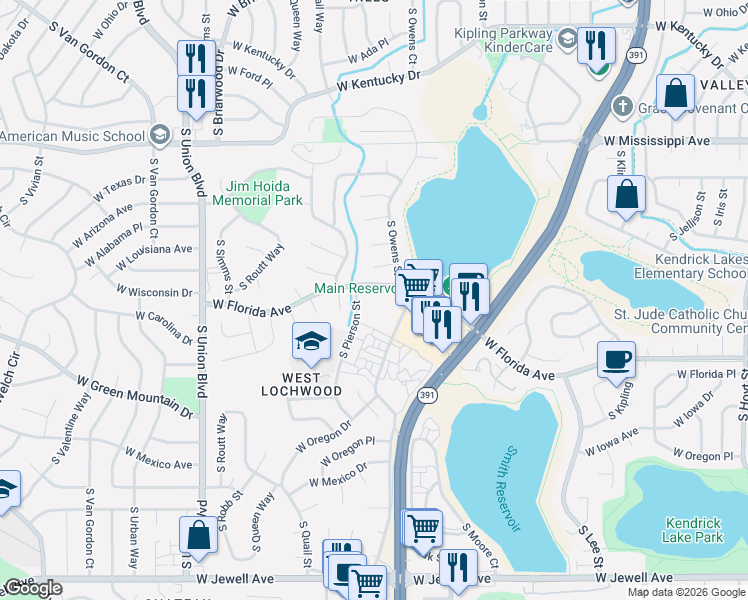 map of restaurants, bars, coffee shops, grocery stores, and more near 10960 West Florida Avenue in Lakewood