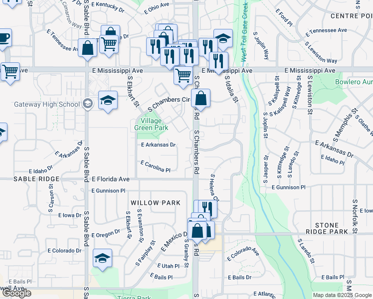 map of restaurants, bars, coffee shops, grocery stores, and more near 15041 East Arkansas Drive in Aurora