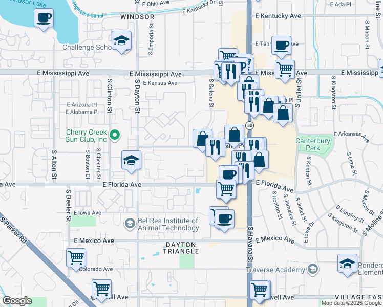 map of restaurants, bars, coffee shops, grocery stores, and more near 1435 South Galena Way in Denver
