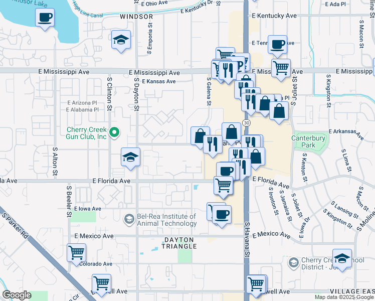 map of restaurants, bars, coffee shops, grocery stores, and more near 10100-10178 East Idaho Place in Aurora