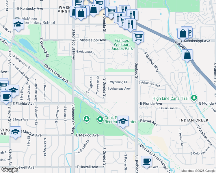 map of restaurants, bars, coffee shops, grocery stores, and more near 6980 East Wyoming Place in Denver