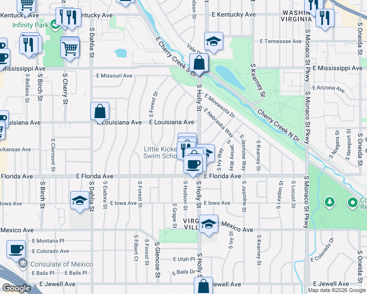 map of restaurants, bars, coffee shops, grocery stores, and more near 1370 South Hudson Street in Denver