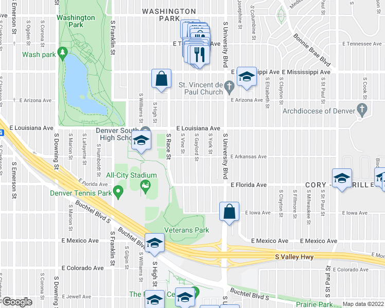 map of restaurants, bars, coffee shops, grocery stores, and more near 1382 South Vine Street in Denver