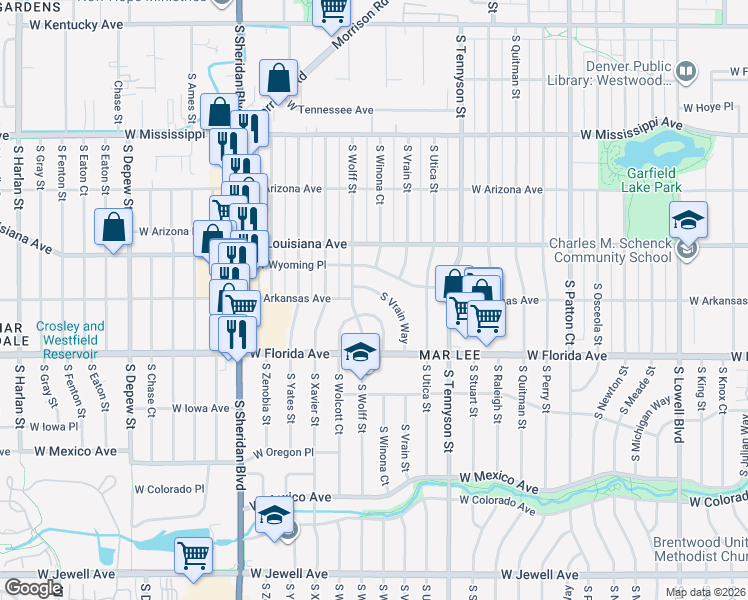 map of restaurants, bars, coffee shops, grocery stores, and more near 1369 South Vrain Way in Denver