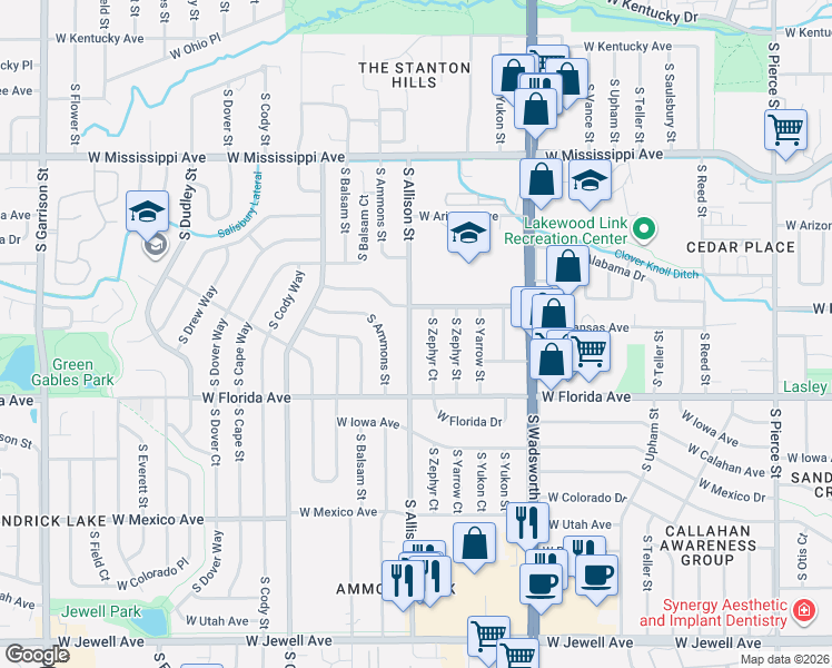 map of restaurants, bars, coffee shops, grocery stores, and more near 1337 South Zephyr Court in Lakewood