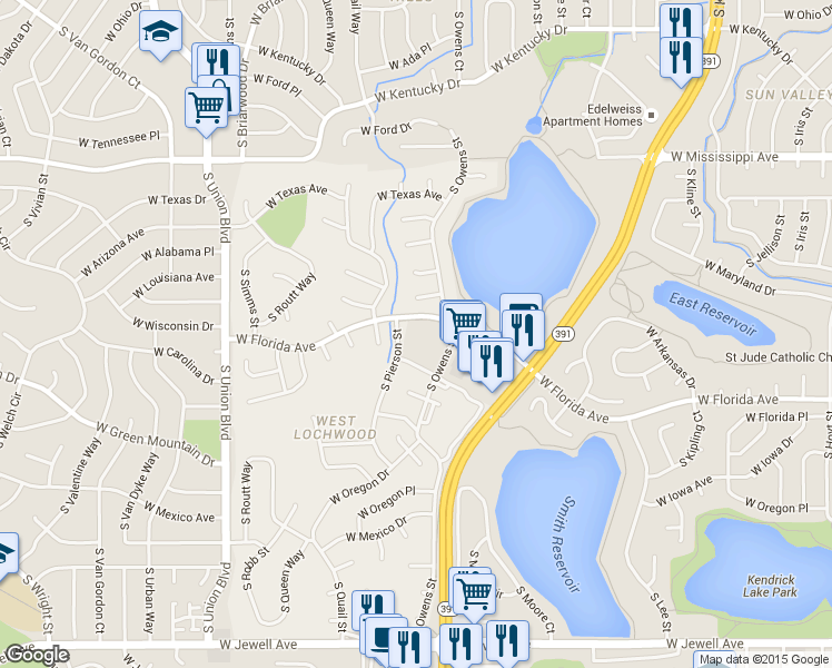 map of restaurants, bars, coffee shops, grocery stores, and more near 10960 West Florida Avenue in Lakewood