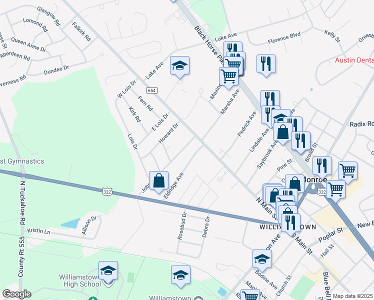 map of restaurants, bars, coffee shops, grocery stores, and more near 41 Jobs Lane in Monroe
