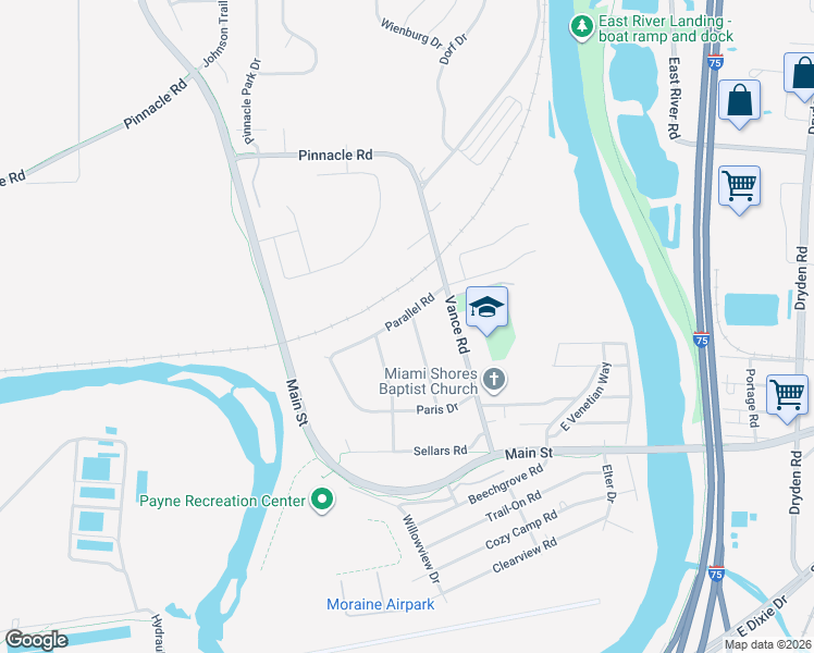 map of restaurants, bars, coffee shops, grocery stores, and more near 3801 Angus Lane in Moraine