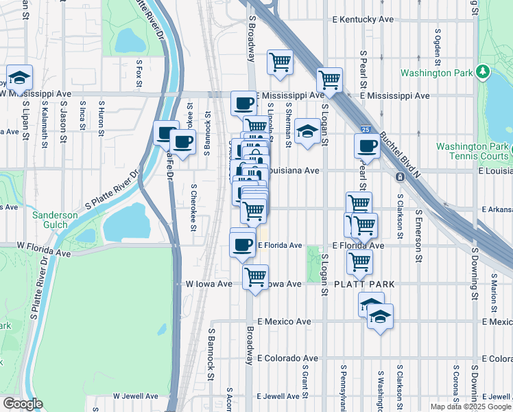 map of restaurants, bars, coffee shops, grocery stores, and more near 1385 South Lincoln Street in Denver