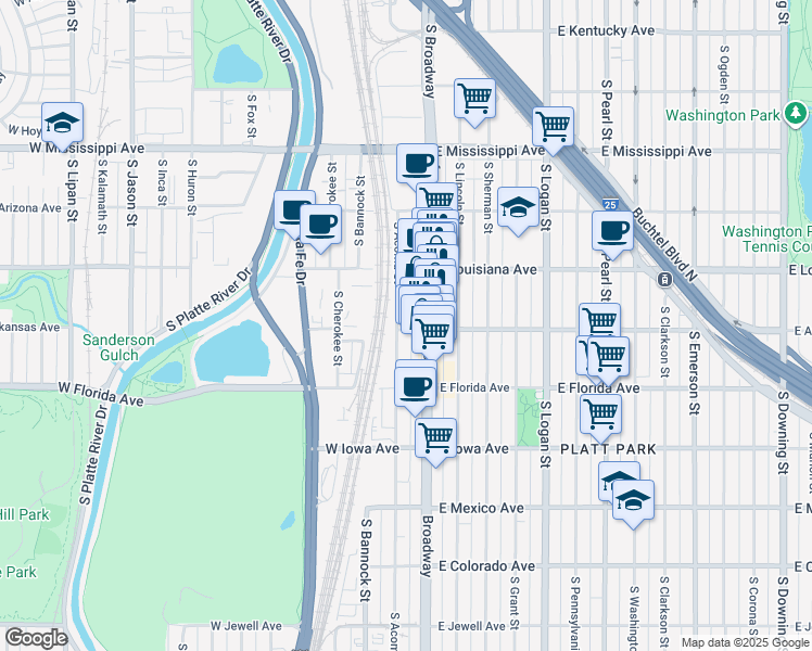 map of restaurants, bars, coffee shops, grocery stores, and more near 1395 South Broadway in Denver