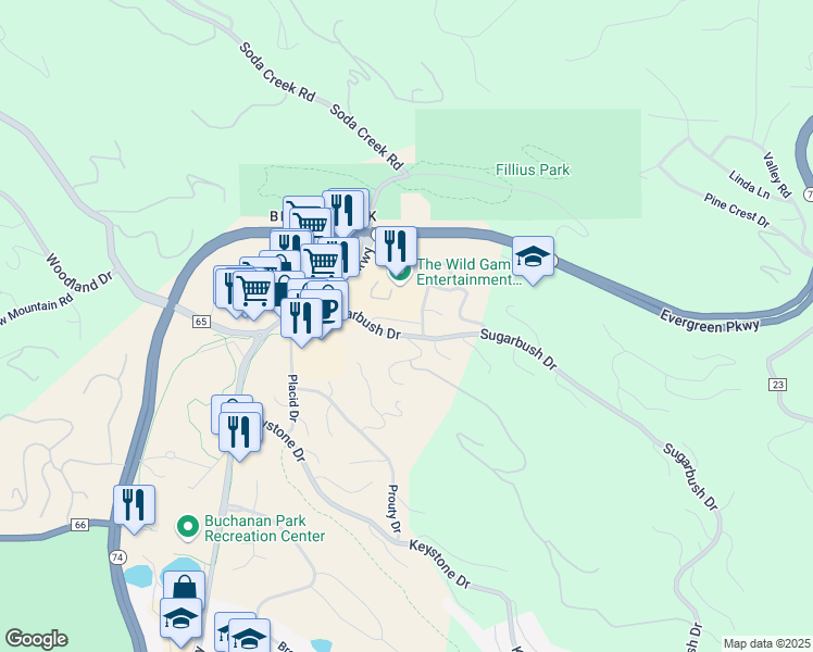 map of restaurants, bars, coffee shops, grocery stores, and more near 31256 Stone Canyon Road in Evergreen
