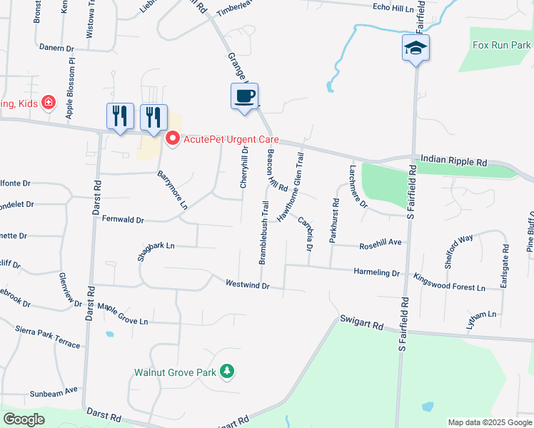 map of restaurants, bars, coffee shops, grocery stores, and more near 126 Bramblebush Trail in Dayton