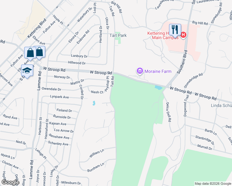 map of restaurants, bars, coffee shops, grocery stores, and more near 4075 Southern Boulevard in Dayton