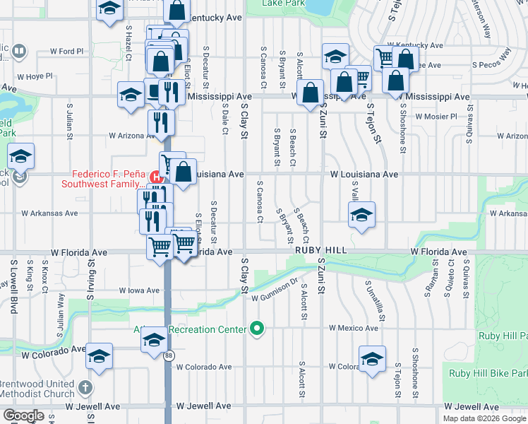 map of restaurants, bars, coffee shops, grocery stores, and more near 1375 South Canosa Court in Denver