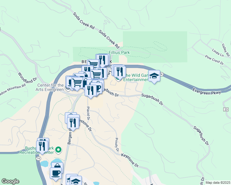 map of restaurants, bars, coffee shops, grocery stores, and more near 31276 Stone Canyon Road in Evergreen