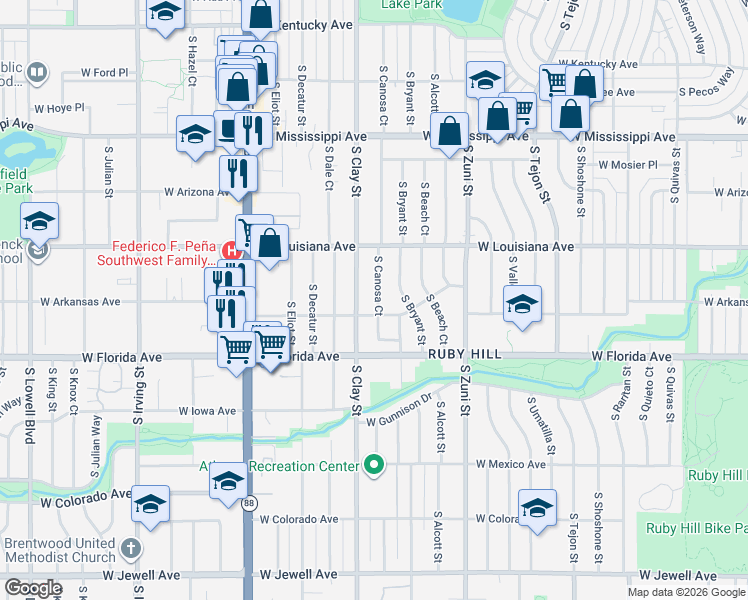 map of restaurants, bars, coffee shops, grocery stores, and more near 1375 South Canosa Court in Denver