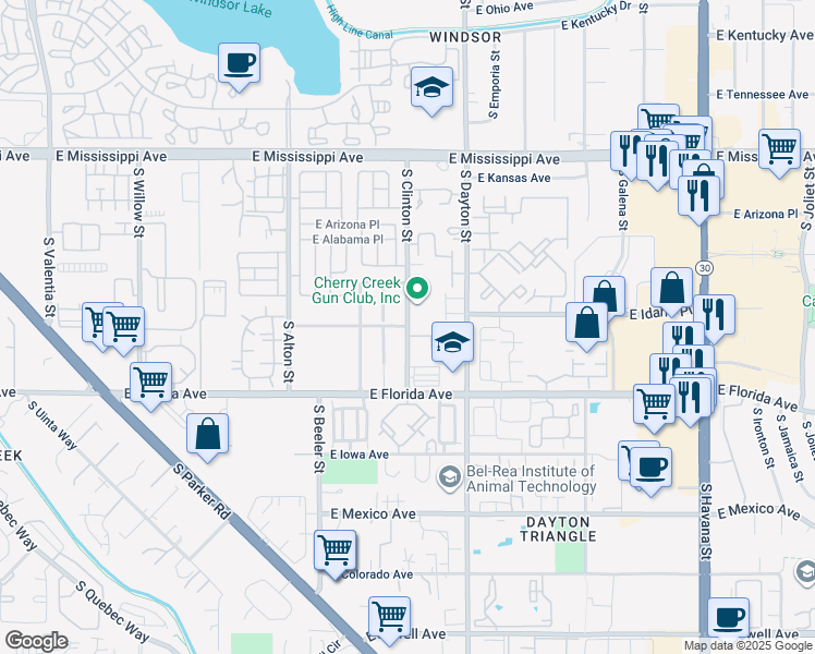 map of restaurants, bars, coffee shops, grocery stores, and more near 1405 South Clinton Street in Denver