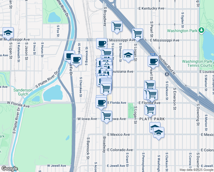 map of restaurants, bars, coffee shops, grocery stores, and more near 1385 South Lincoln Street in Denver