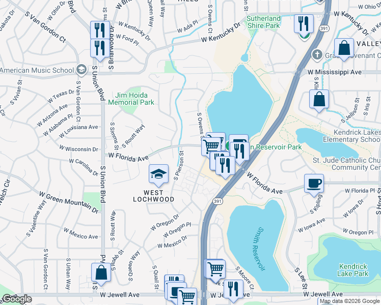 map of restaurants, bars, coffee shops, grocery stores, and more near 10960 West Florida Avenue in Lakewood