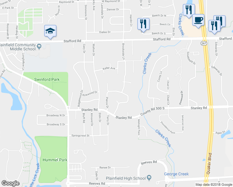 map of restaurants, bars, coffee shops, grocery stores, and more near 1419 Pierce Drive in Plainfield