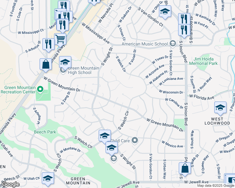 map of restaurants, bars, coffee shops, grocery stores, and more near 1411 South Ward Court in Lakewood