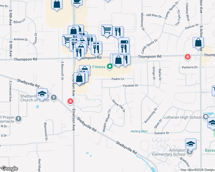 map of restaurants, bars, coffee shops, grocery stores, and more near 5302 Yucatan Drive in Indianapolis