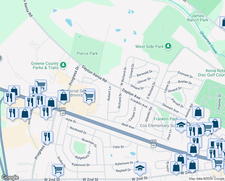 map of restaurants, bars, coffee shops, grocery stores, and more near 212 Robert Lane in Xenia