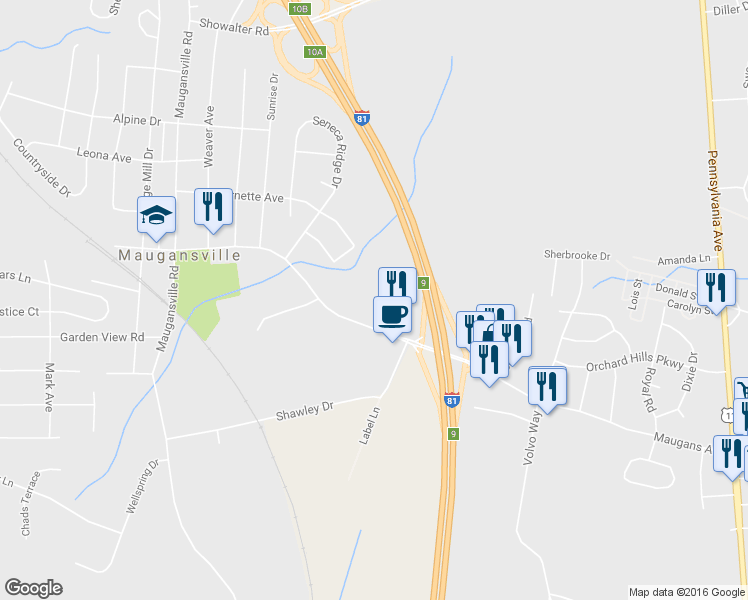 map of restaurants, bars, coffee shops, grocery stores, and more near 18216 Maugans Avenue in Hagerstown